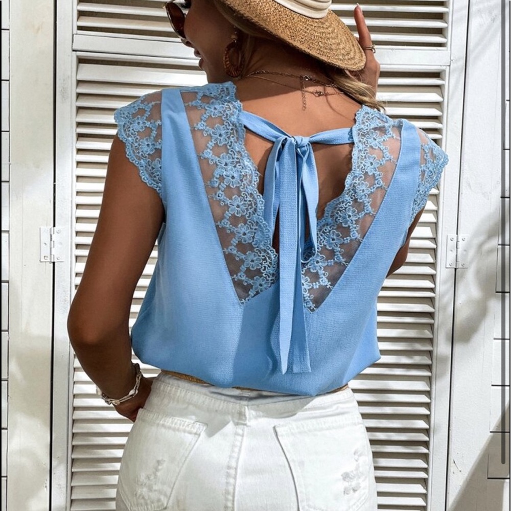 Boho Lace Mesh Sheer Tie Back Cap Sleeve Top Blouse Blue - Picture 1 of 14